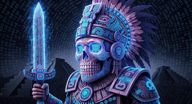 Colorful Aztec Warrior Skeleton with Glowing Sword.