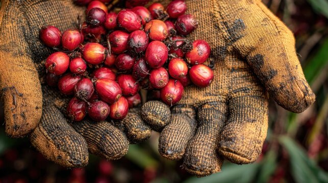 Worn work gloves holding freshly harvested red coffee cherries closeup