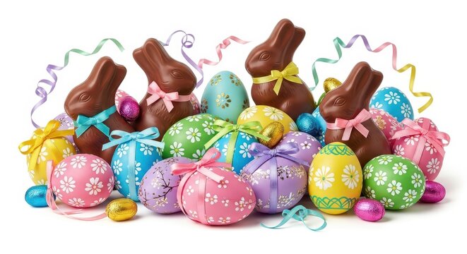 Colorful Easter Eggs and Chocolate Bunnies with Ribbons.