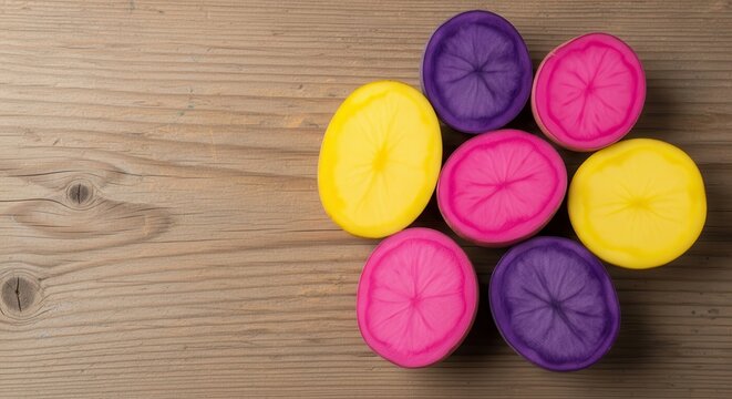Colorful cupcake liners arranged in a flower pattern on wood.