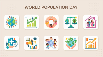 Fototapeta premium World population day square icons set with global people growth chart family 8 billion diversity healthcare education and eco earth vector illustration