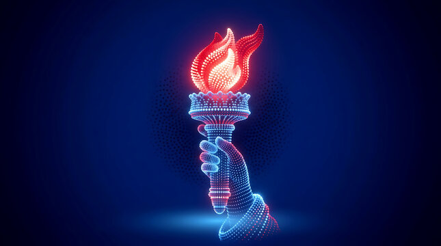 Statue of Liberty torch made of glowing dots with flame on dark blue background for USA independence day