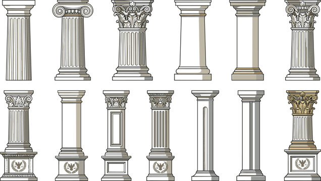 Classical architectural columns vector illustration set featuring ancient Greek and Roman ionic doric and corinthian pillars for law firm branding history textbook design