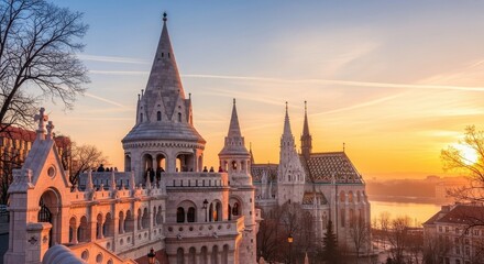 Fototapeta premium Fishermans Bastion at Sunset in Budapest Hungary.