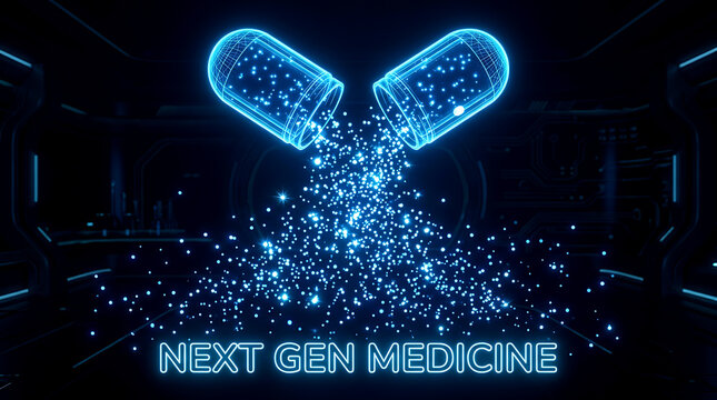 Next Gen Medicine capsule pill with glowing neon particles on futuristic laboratory background