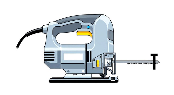 Flat vector icon of a modern electric jigsaw used for cutting wood.