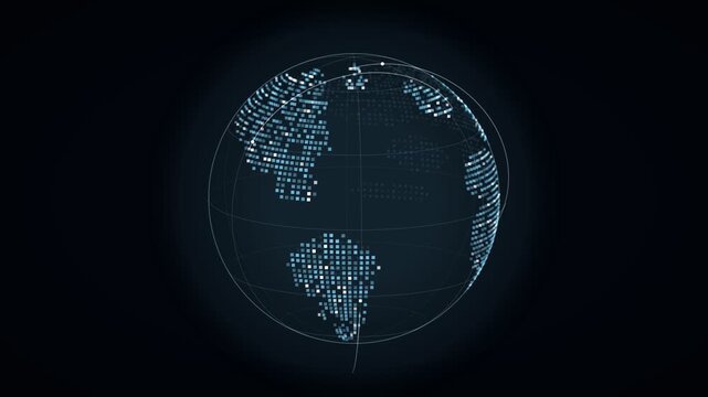 Rotating digital earth globe of glowing particles with globe wireframe grid, blue connection arcs, seamless global technology loop.