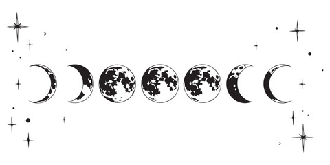 Detailed moon phases cycle illustration with stars and planets decorative elements for astronomy lovers and mystical celestial theme design. © Md
