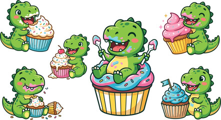 Cute cartoon dinosaur cupcake stickers vector illustration set featuring green baby t-rex characters eating sweet desserts for kids birthday invitation templates © AntarChandra