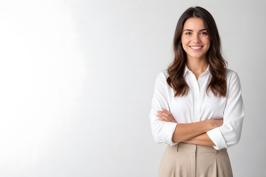 Professional young woman in white shirt smiling confidently at camera, isolated on white background with copy space, perfect for corporate business portrait, marketing concept and office lifestyle
