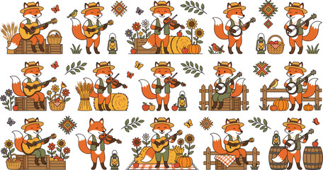 Cute country folk music foxes vector illustration set playing guitars violins and banjos for harvest festival branding and cozy autumn sticker design © AntarChandra
