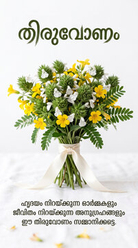Thiruvonam vertical greeting card with Malayalam calligraphy and a tied bouquet of traditional yellow Mukkutti and white Thumba flowers on a white cloth background.