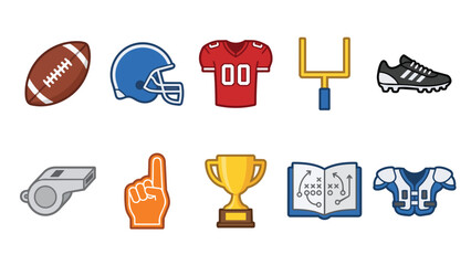 Obraz premium Colorful set of American football equipment and game day icons