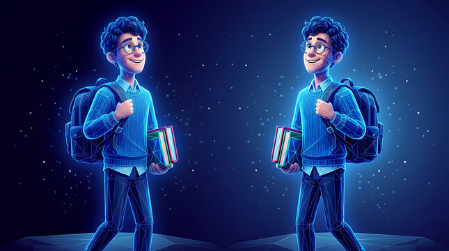 Student boy cartoon twin character with backpack and books on glowing neon starry background