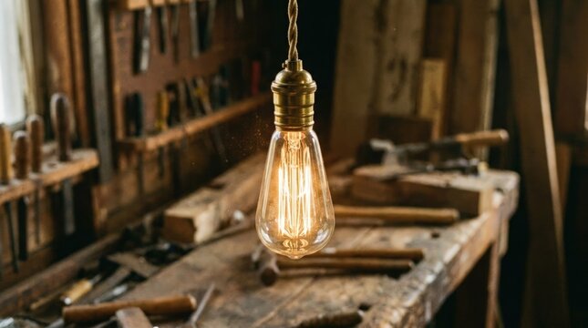 A bright light bulb hanging from a cord in a cluttered workshop with various tools scattered around