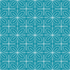 Fototapeta premium Elegant teal blue geometric seamless pattern with white embroidered flower motifs. Symmetric traditional tile ornament background, perfect for fashion print, home decor, wrapping paper, and crafts