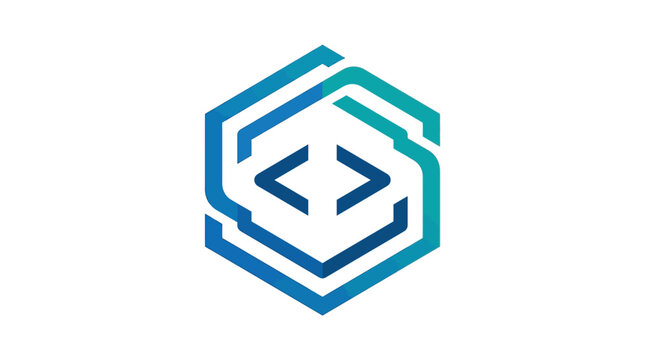 Abstract hexagonal logo design with programming code brackets symbol for technology company.