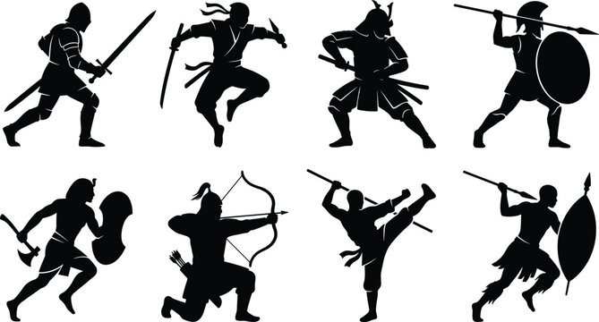 Ancient warriors silhouette vector set featuring historical fighters knight ninja samurai spartan archer gladiators and tribal soldiers