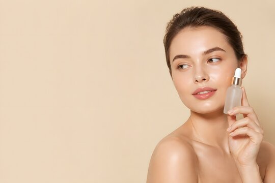 Young beautiful woman with glowing healthy skin holding cosmetic serum bottle for skincare routine advertisement against a neutral beige background in a professional studio portrait for beauty