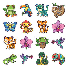 Fototapeta premium Colorful Cartoon Jungle Animals Collection.