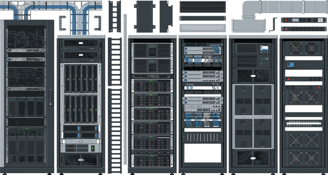 Data center server racks and network cabinets vector illustration set with cable trays cooling fans and mainframe hardware for corporate IT infrastructure infographics