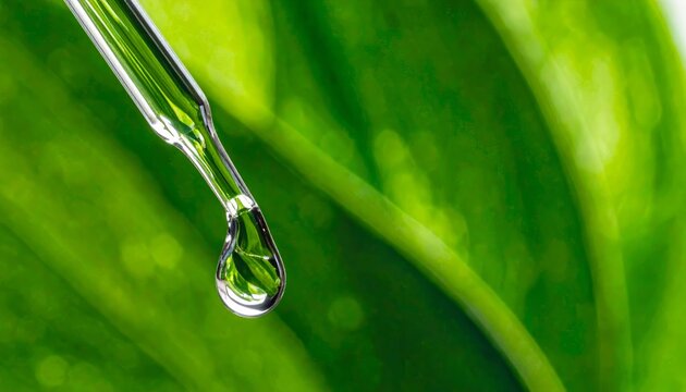 Close-up of glass dropper with clear liquid drop and green leaves
