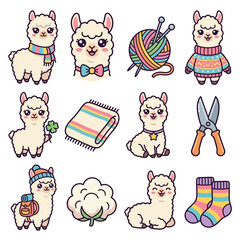 Fototapeta premium Llamas in colorful knitwear accessories.