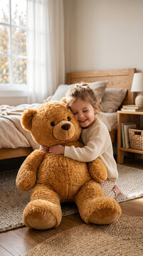 Happy little girl hugging a large teddy bear in a cozy bedroom