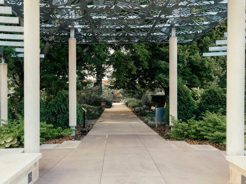 A beautiful modern metal pergola canopy with cutout patterns leading down a paved garden walkway in a sunny park landscape