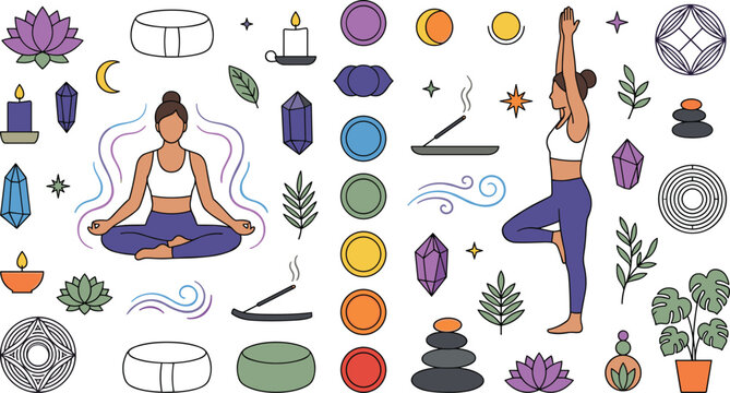 Esoteric spiritual yoga and chakra meditation elements vector illustration set with crystals incense and lotus flowers for holistic wellness branding and mindfulness design