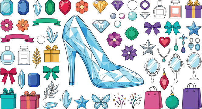Fairy tale princess crystal shoe vector element set with magic gems perfume bottles gift boxes and ribbons for luxury fashion boutique branding design templates
