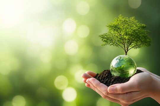 Hands holding a crystal globe with a growing tree on fertile soil against a green bokeh background, representing environmental conservation, global sustainability, and an eco-friendly future.