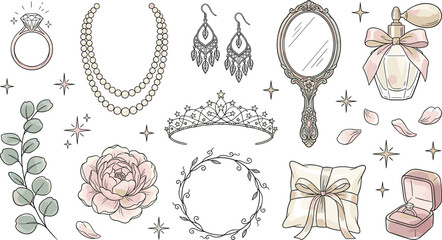 Elegant wedding jewelry and bridal accessory vector set featuring diamond ring pearl necklace tiara vintage mirror perfume bottle cushion and floral design elements © MdRobiul