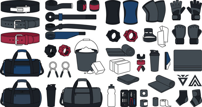Flat lay vector illustration of heavy weightlifting gear powerlifting belts and gym bag icons for strength training marketing and sports advertising