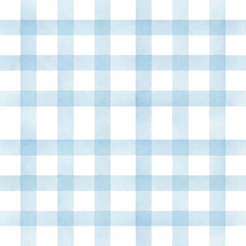 Seamless repeating gingham pattern in soft pastel blue featuring intersecting lines with hand-painted watercolor textures on a white background, minimalist aesthetic