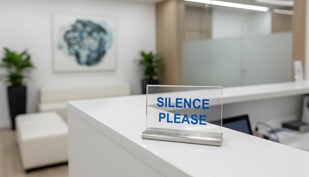 A clear 'SILENCE PLEASE' sign on a white reception desk in a modern, minimalist office or clinic waiting area with plants and abstract art.