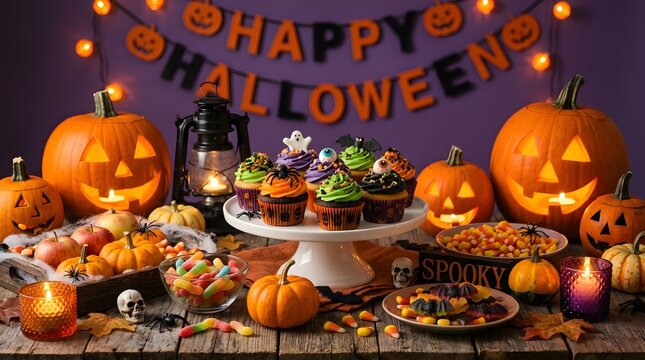Happy halloween dessert table jack o' lanterns cupcakes candy spooky treats