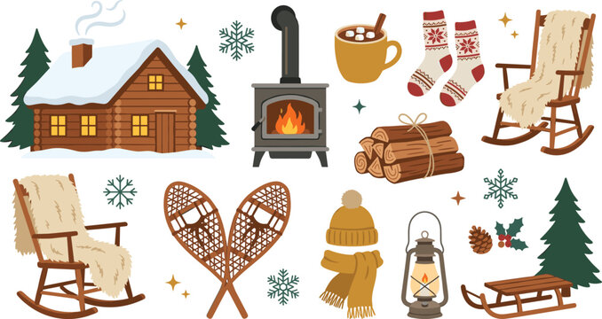 Cozy winter cabin vector element set with snow covered log hut wood stove fireplace firewood rocking chair snowshoes sled and warm seasonal holiday illustrations