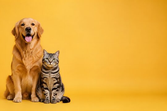 Friendly Golden Retriever dog and a beautiful tabby cat sitting together on a vibrant yellow studio background, embodying pet companionship and a harmonious domestic animal bond. Excellent for