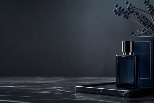 Luxury Blue Cologne Bottle on Black Marble Surface with Berries, Premium Men's Fragrance Packaging Mockup for Masculine Beauty Branding and Elegant Grooming Advertising with Copy Space.