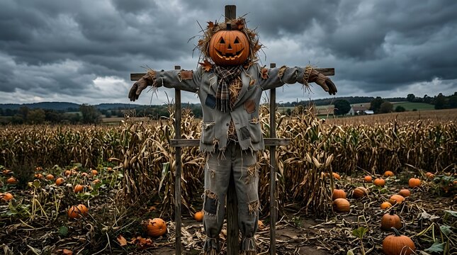 Happy halloween spooky scarecrow in pumpkin patch with dramatic cloudy sky