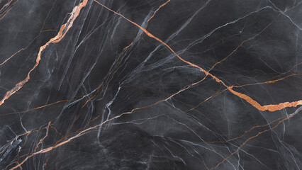 Luxurious dark black marble texture with striking copper and golden veins. A sophisticated backdrop for premium modern commercial designs, high-end product displays, and stylish wallpaper, offering © PrimeBackgrounds