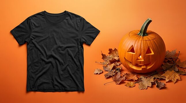 Happy halloween black t shirt with jack o'lantern and leaves