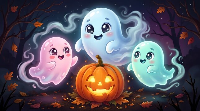 Happy halloween cute ghosts and jack o' lantern illustration for festive designs