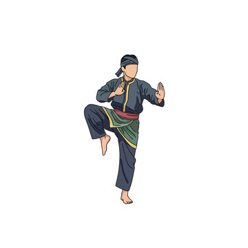 Male Martial Artist Performing Traditional Pencak Silat Stance Isolated Illustration