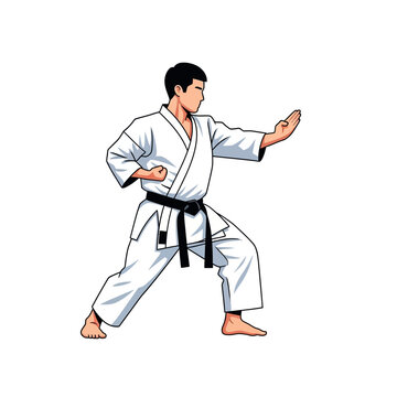 Martial Arts Expert in Traditional White Uniform Performing Karate Stance Illustration