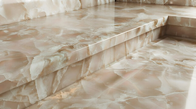 Polished beige onyx marble countertop, luxury natural stone surface with elegant veining, high-end interior marble texture for kitchen or bathroom design