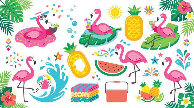 Flat lay vector illustration of tropical pool party icons with pink flamingos pineapples and pool floats for summer vacation marketing and event advertising