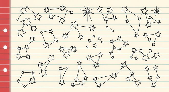 Hand Drawn Constellations on Lined Paper Background.