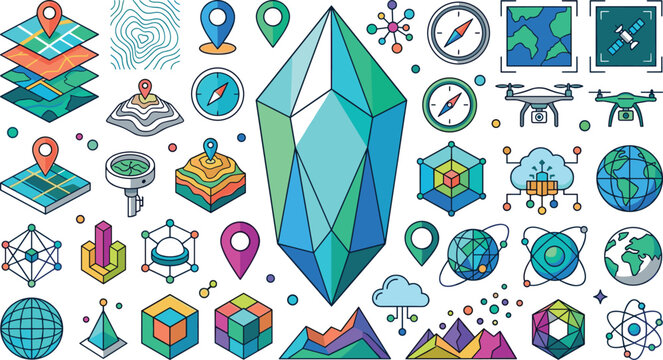 Geographic information system GIS technology vector icon set featuring 3D topographic maps navigation compasses drones and data crystal graphics for mapping infographics